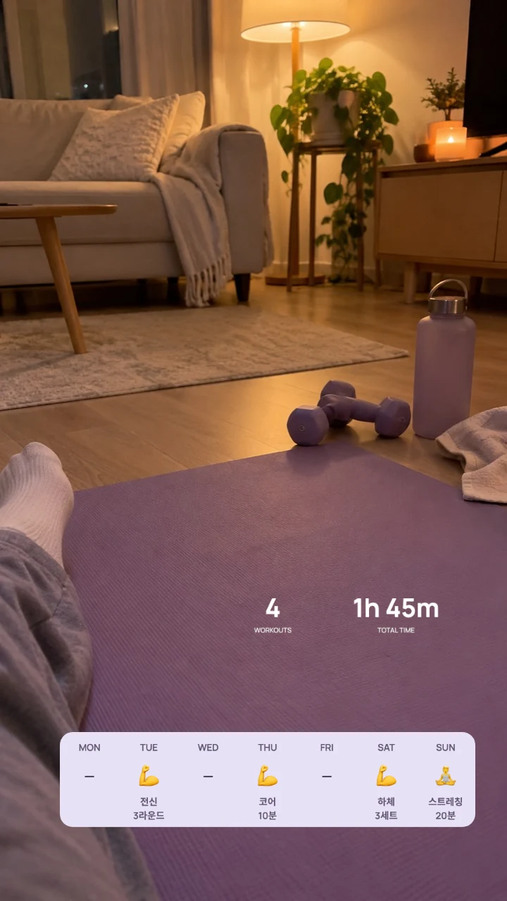 홈트 사진에 Fiticker 운동 기록 스티커를 붙인 스토리 예시
