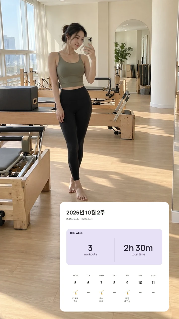 필라테스 사진에 Fiticker 운동 기록 스티커를 붙인 스토리 예시